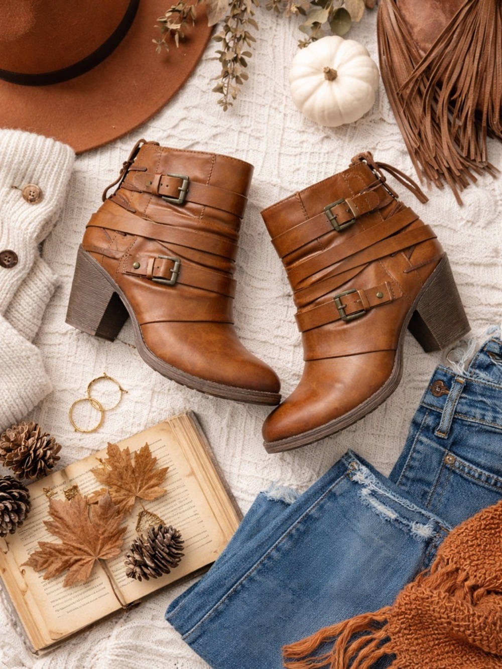 Cognac Brown Ankle Boots 7.5 Boho Moto Buckle Block‎ Heel Booties - Picture 3 of 9